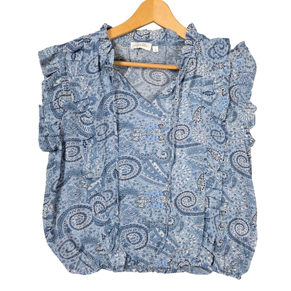Juniper Blu Paisley Blouse Womens Small Blue Good Ruffle V-Neck Cap Sleeve